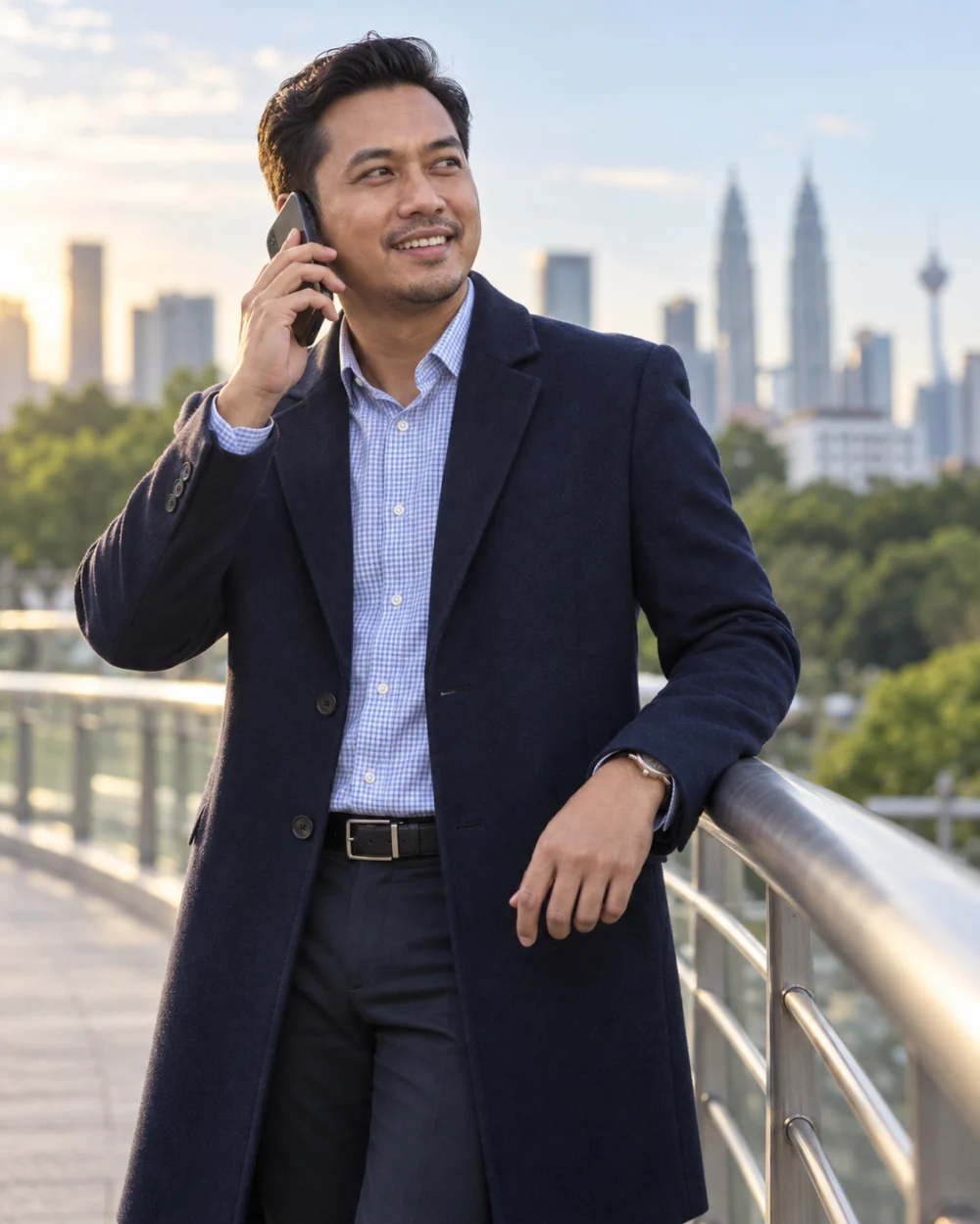 Asian business executive taking a call on an outdoor walkway