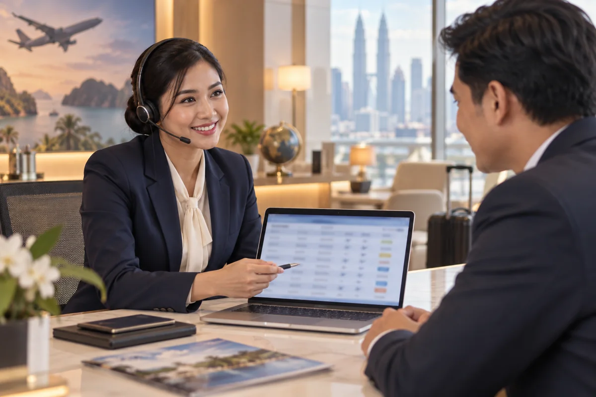Felda Travel consultant with a headset assisting a corporate client at the counter