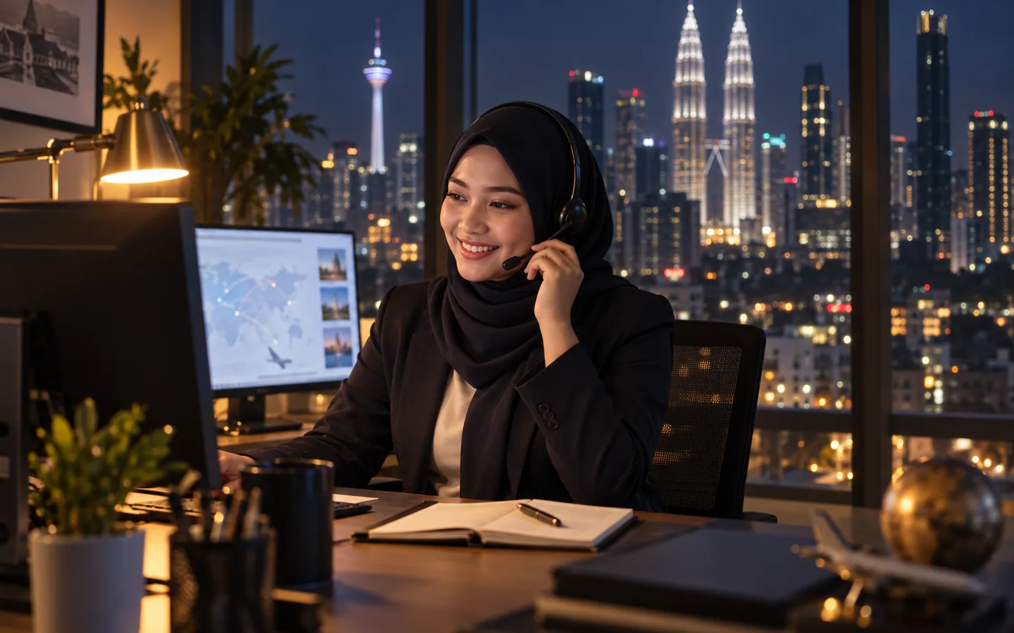 Felda Travel consultant wearing a headset assisting a corporate client from a night office