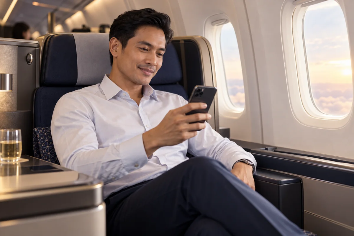Malaysian businessman relaxing in a business class cabin seat