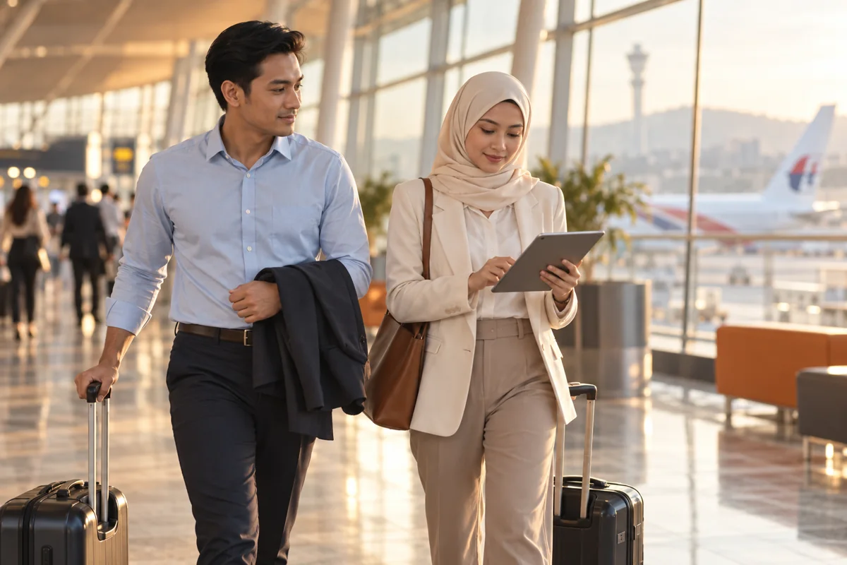 Two Malaysian business travellers with luggage checking a tablet in an airport terminal
