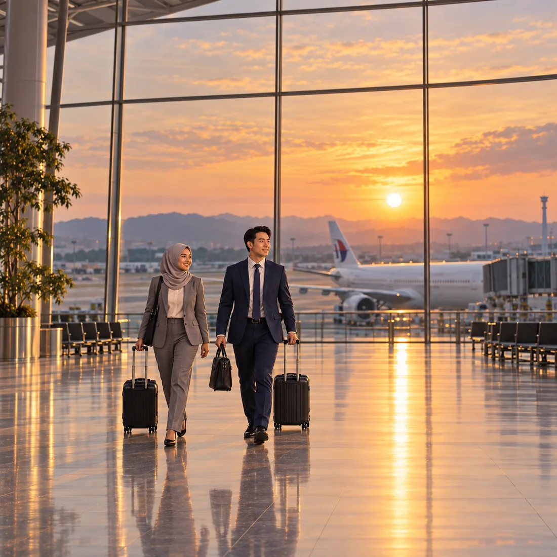 Malaysian corporate travellers with luggage walking through a Kuala Lumpur airport terminal at sunset