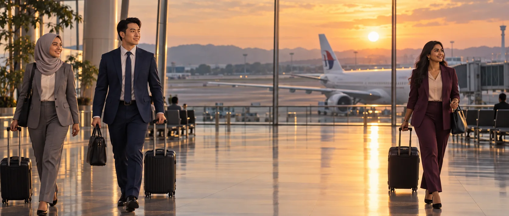 Malaysian corporate travellers with luggage walking through a Kuala Lumpur airport terminal at sunset