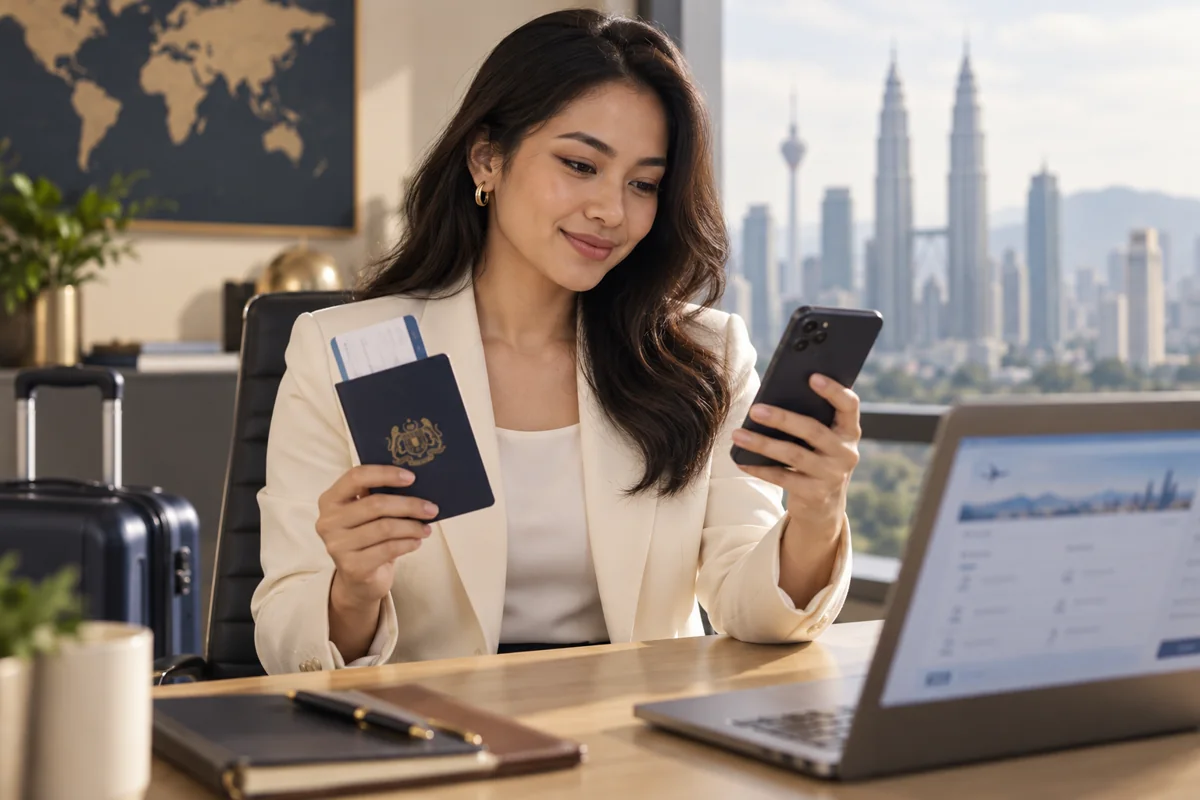 Malaysian businesswoman holding her passport and smartphone at her office desk