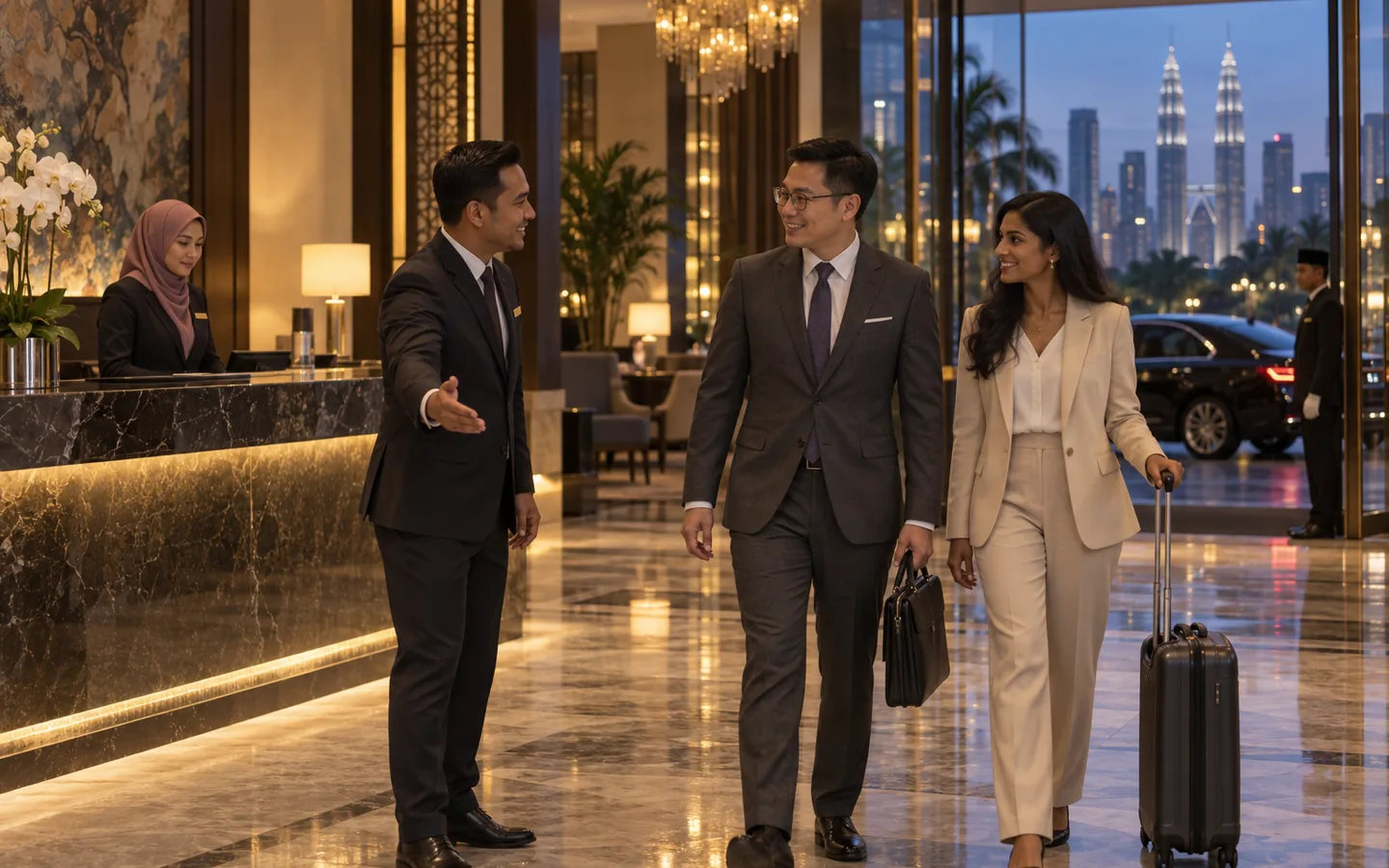 Malaysian concierge welcoming corporate travellers in a Kuala Lumpur hotel lobby