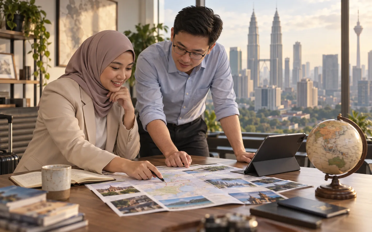Malaysian corporate travel specialists planning a business itinerary in a Kuala Lumpur office