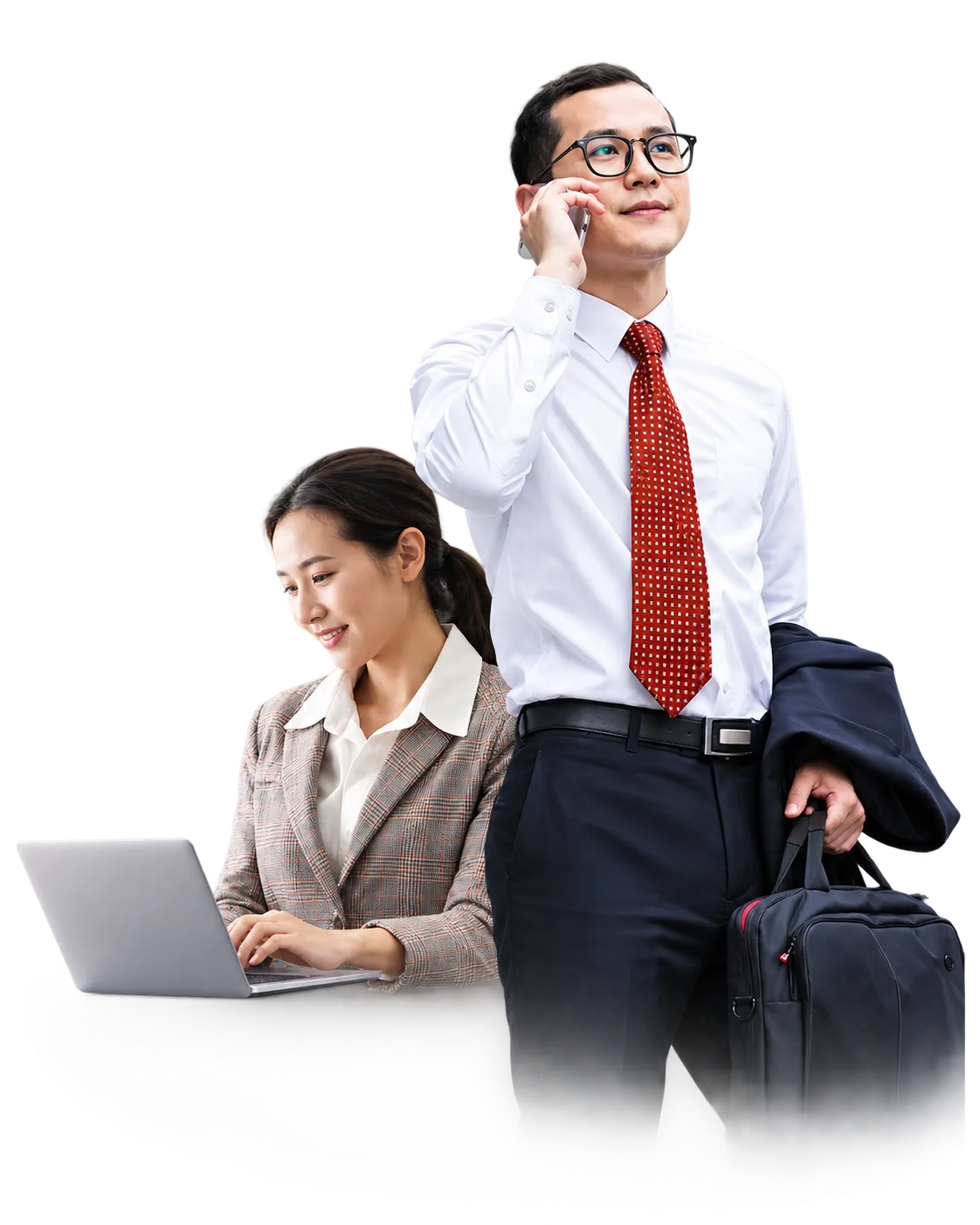 Travel agent Malaysia: a business traveler on a call while a colleague works at a laptop in an airport departure lounge