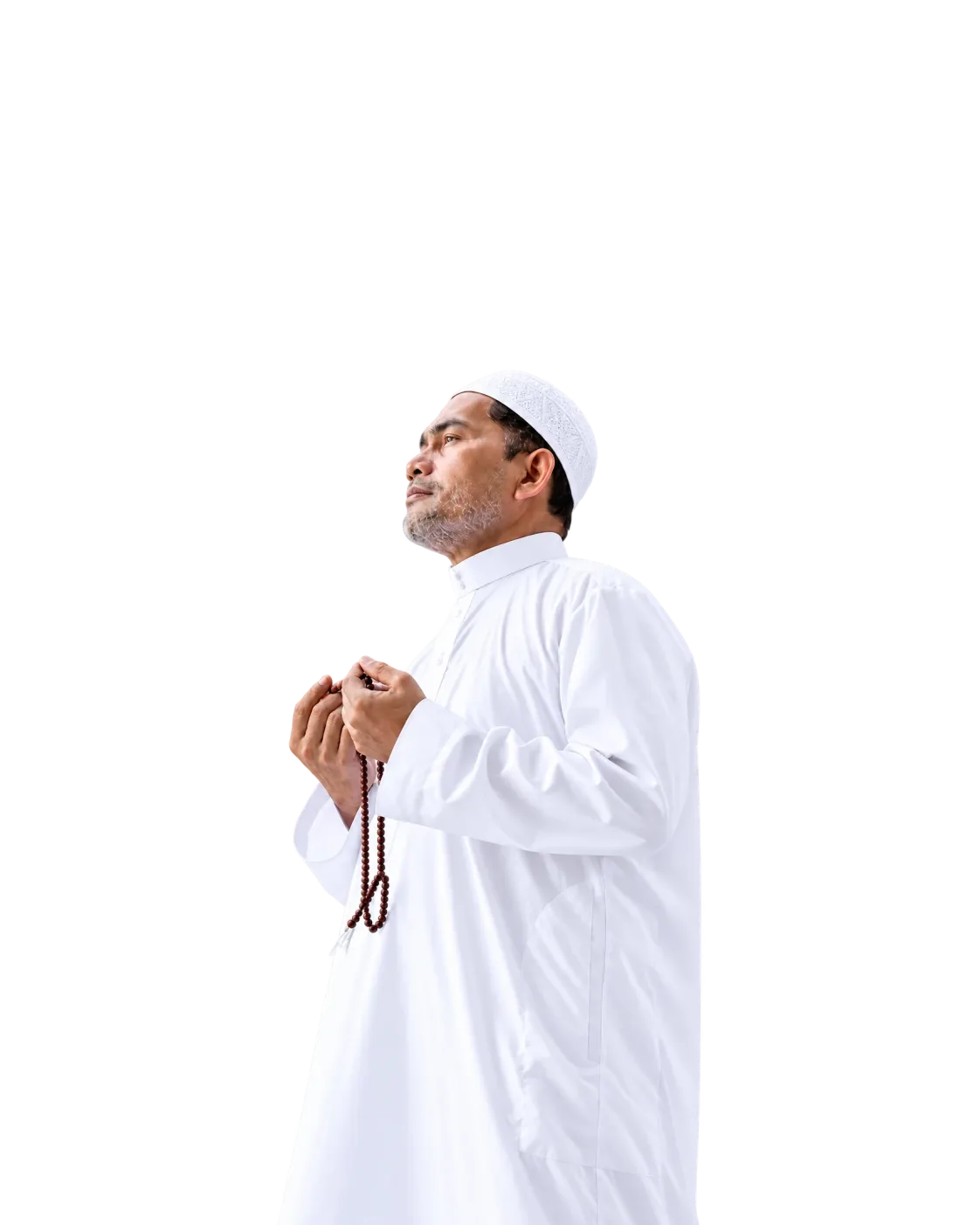 A Malaysian pilgrim holding prayer beads, looking upwards