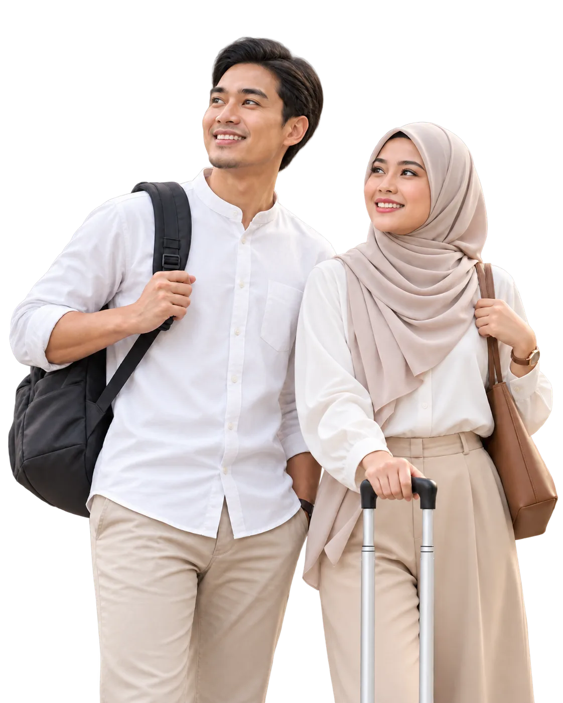 A couple with luggage smiling outside Hotel Seri Costa in Malacca