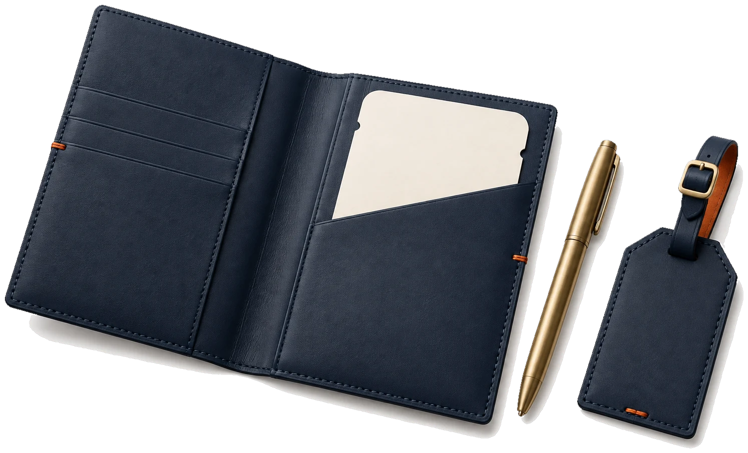Navy leather travel document folio holding a blank boarding pass, with a brass pen and a leather luggage tag