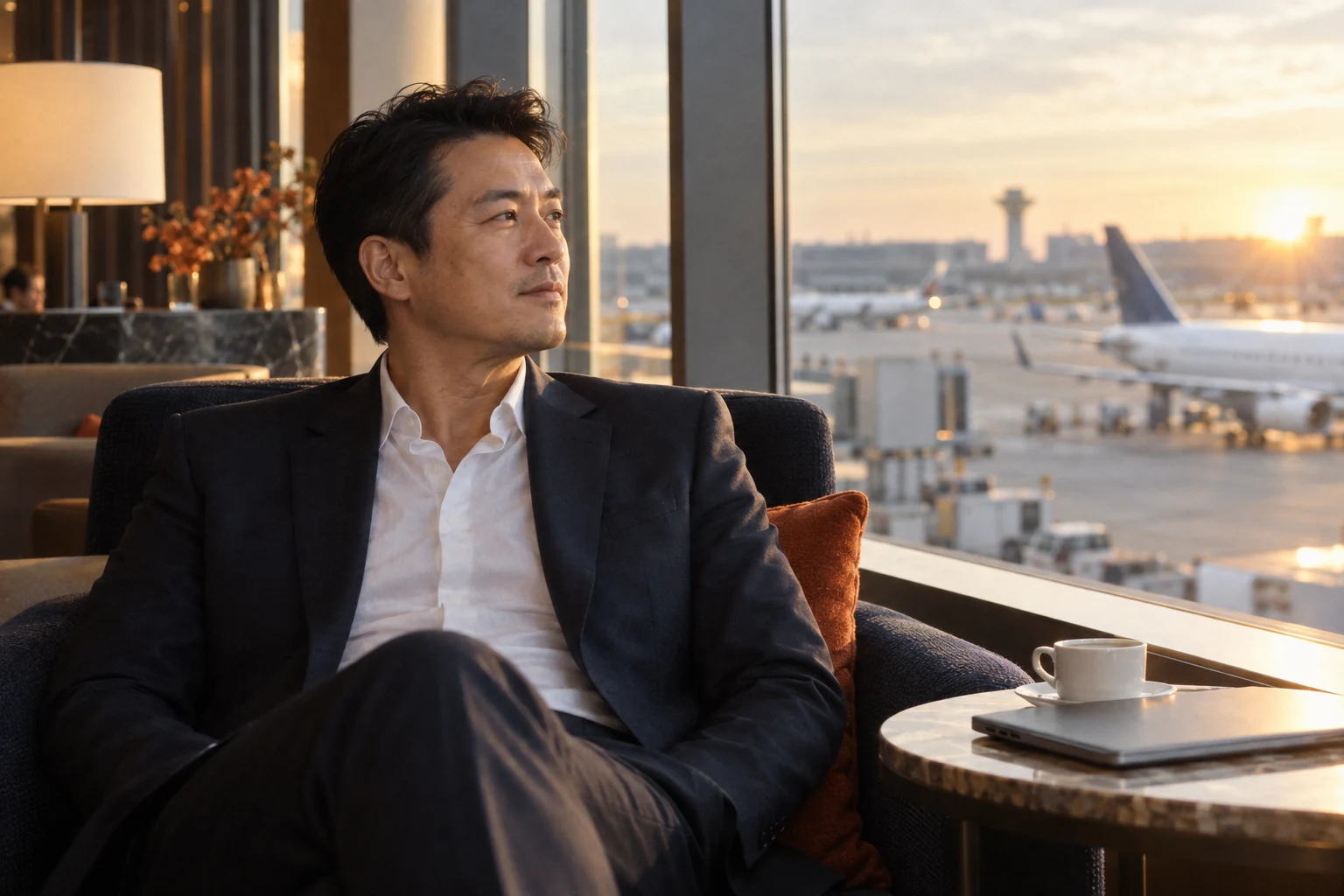 Asian businessman resting in a premium airport lounge before his flight