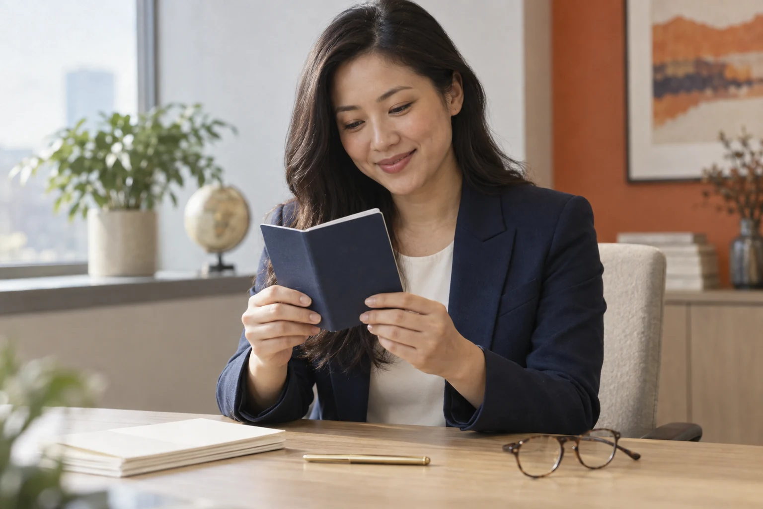 Asian visa and immigration consultant reviewing a passport at her desk